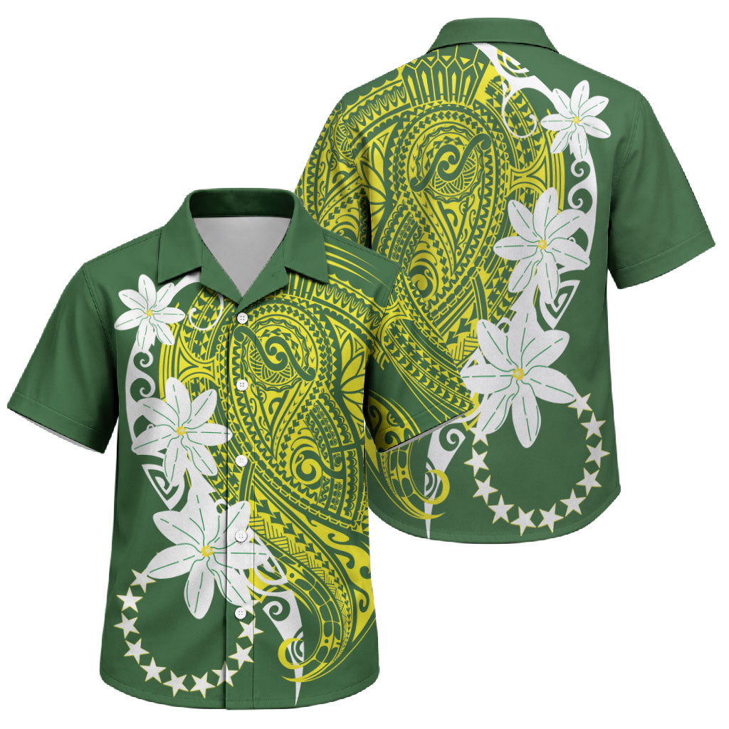 Cook Islands Maori Language Week Family Matching Off Shoulder Maxi Dress and Hawaiian Shirt Tiare Maori Kuki Airani Green Pattern LT22 Son's Shirt Green - Polynesian Pride
