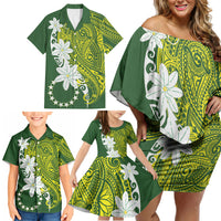 Cook Islands Maori Language Week Family Matching Off Shoulder Short Dress and Hawaiian Shirt Tiare Maori Kuki Airani Green Pattern LT22 - Polynesian Pride