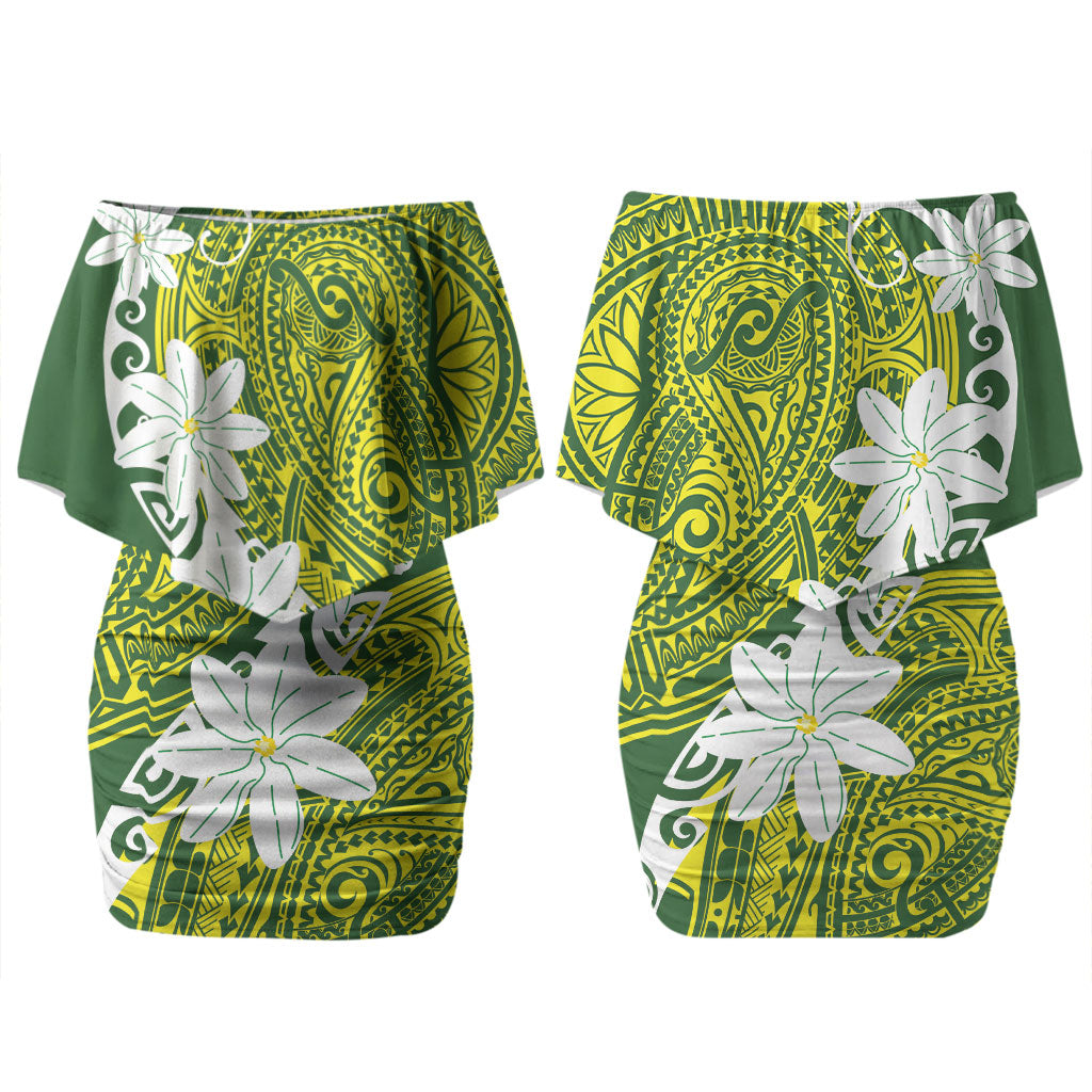 Cook Islands Maori Language Week Family Matching Off Shoulder Short Dress and Hawaiian Shirt Tiare Maori Kuki Airani Green Pattern LT22 Mom's Dress Green - Polynesian Pride