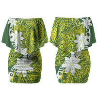 Cook Islands Maori Language Week Family Matching Off Shoulder Short Dress and Hawaiian Shirt Tiare Maori Kuki Airani Green Pattern LT22 Mom's Dress Green - Polynesian Pride