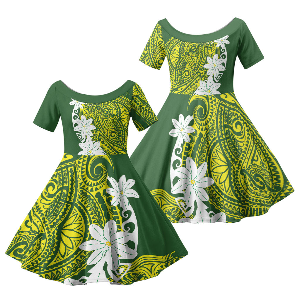Cook Islands Maori Language Week Family Matching Off Shoulder Short Dress and Hawaiian Shirt Tiare Maori Kuki Airani Green Pattern LT22 Daughter's Dress Green - Polynesian Pride