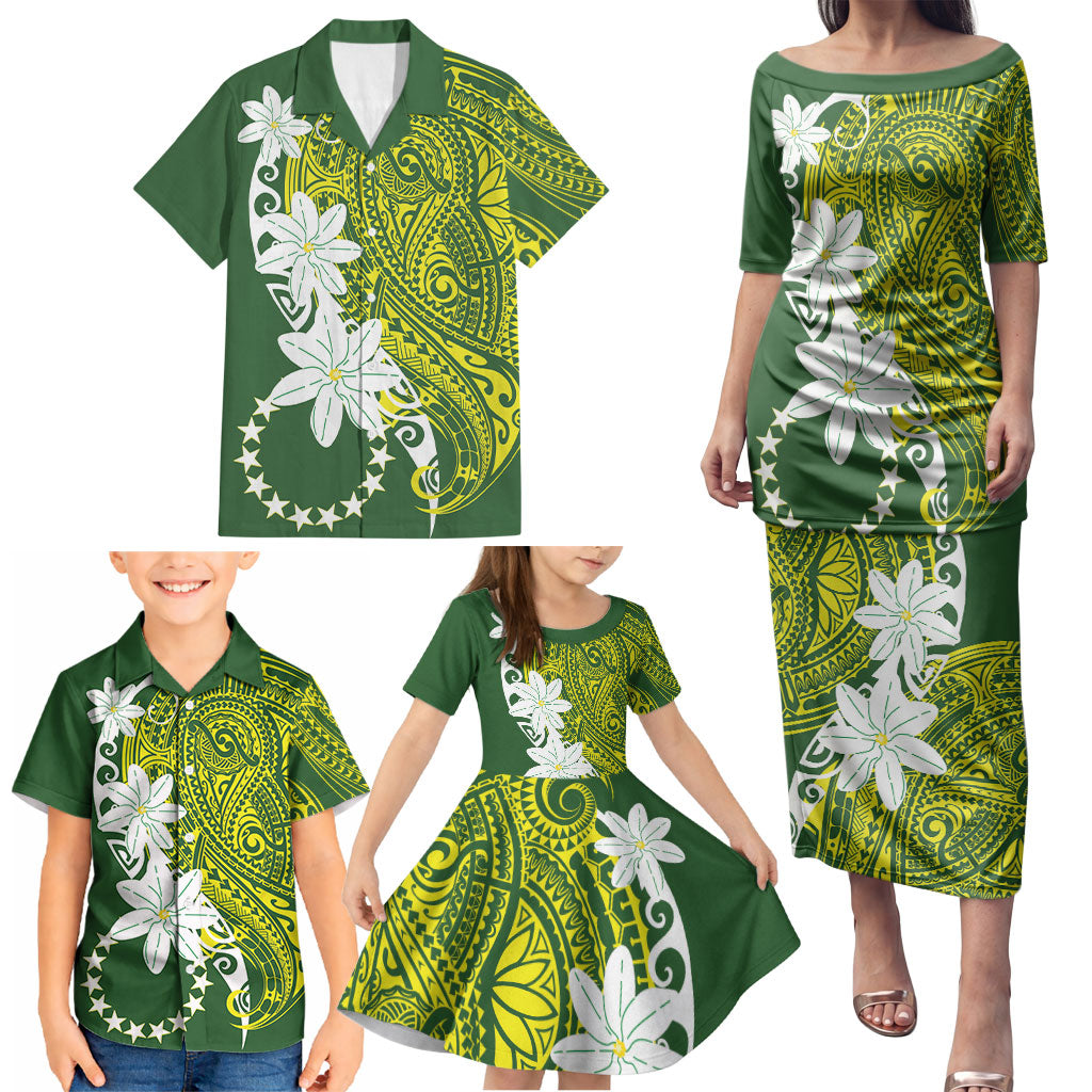 Cook Islands Maori Language Week Family Matching Puletasi and Hawaiian Shirt Tiare Maori Kuki Airani Green Pattern LT22 - Polynesian Pride