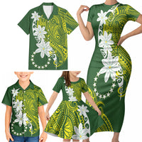 Cook Islands Maori Language Week Family Matching Short Sleeve Bodycon Dress and Hawaiian Shirt Tiare Maori Kuki Airani Green Pattern LT22 - Polynesian Pride