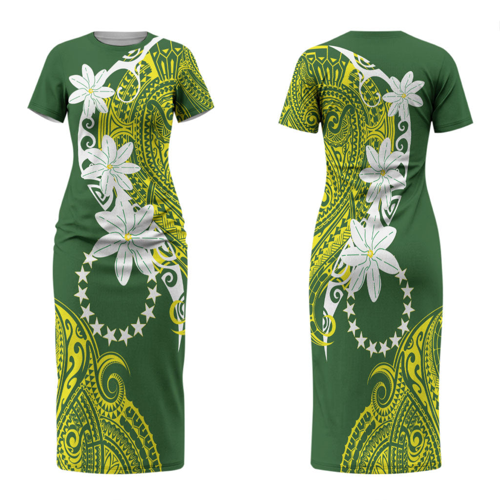 Cook Islands Maori Language Week Family Matching Short Sleeve Bodycon Dress and Hawaiian Shirt Tiare Maori Kuki Airani Green Pattern LT22 Mom's Dress Green - Polynesian Pride