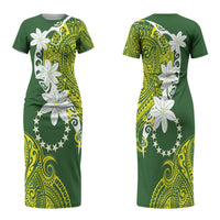 Cook Islands Maori Language Week Family Matching Short Sleeve Bodycon Dress and Hawaiian Shirt Tiare Maori Kuki Airani Green Pattern LT22 Mom's Dress Green - Polynesian Pride