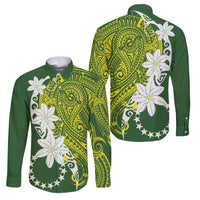 Cook Islands Maori Language Week Family Matching Short Sleeve Bodycon Dress and Hawaiian Shirt Tiare Maori Kuki Airani Green Pattern LT22 Dad's Shirt - Long Sleeve Green - Polynesian Pride