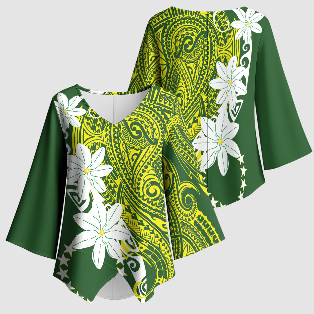 Cook Islands Maori Language Week Kimono Sleeve Blouse Tiare Maori Kuki Airani Green Pattern LT22 - Polynesian Pride