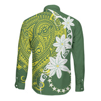 Cook Islands Maori Language Week Long Sleeve Button Shirt Tiare Maori Kuki Airani Green Pattern LT22 - Polynesian Pride