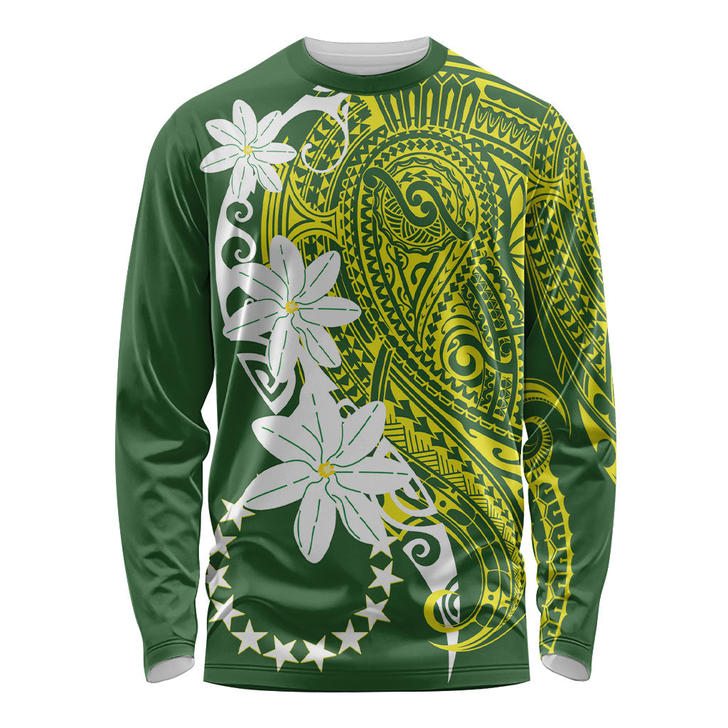 Cook Islands Maori Language Week Long Sleeve Shirt Tiare Maori Kuki Airani Green Pattern LT22 Unisex Green - Polynesian Pride