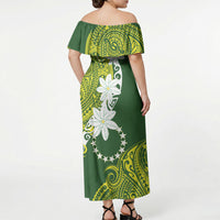 Cook Islands Maori Language Week Off Shoulder Maxi Dress Tiare Maori Kuki Airani Green Pattern LT22 - Polynesian Pride