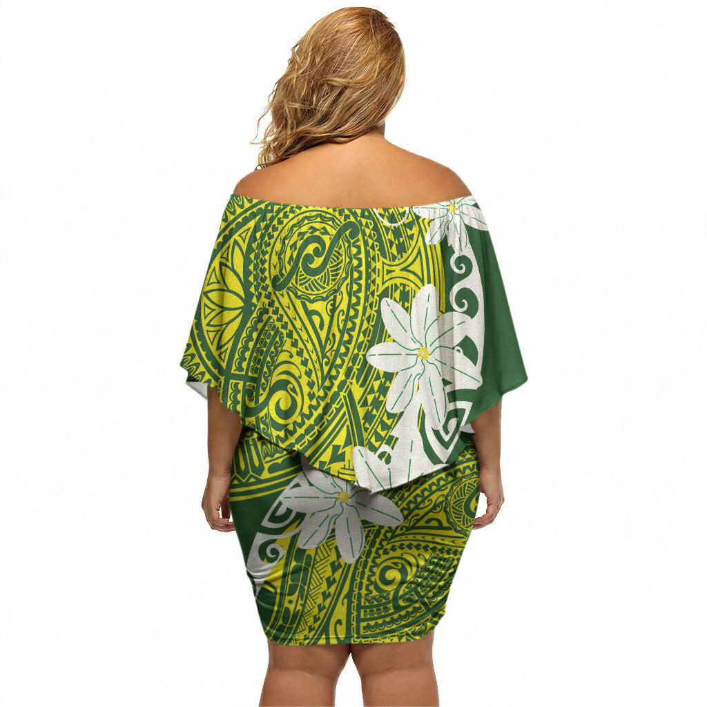 Cook Islands Maori Language Week Off Shoulder Short Dress Tiare Maori Kuki Airani Green Pattern LT22 - Polynesian Pride