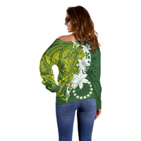 Cook Islands Maori Language Week Off Shoulder Sweater Tiare Maori Kuki Airani Green Pattern LT22 - Polynesian Pride