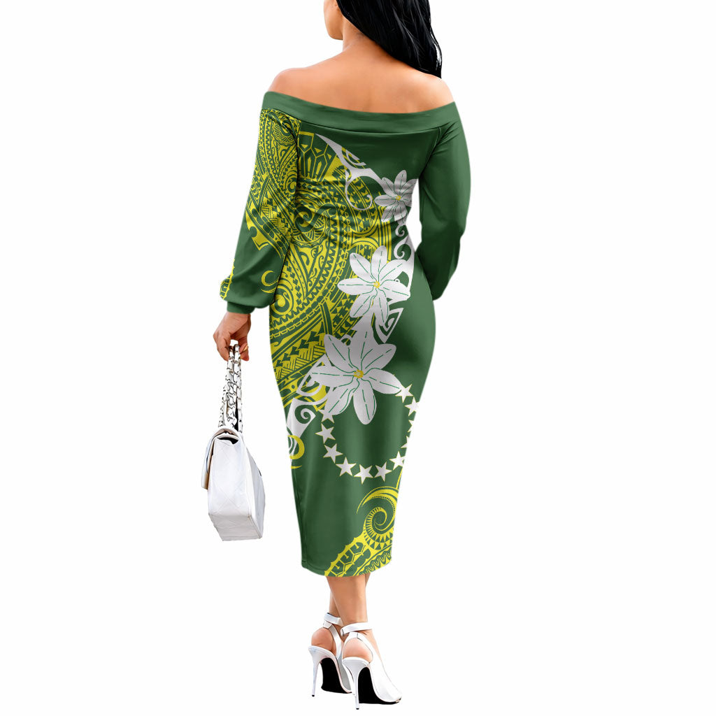 Cook Islands Maori Language Week Off The Shoulder Long Sleeve Dress Tiare Maori Kuki Airani Green Pattern LT22 - Polynesian Pride