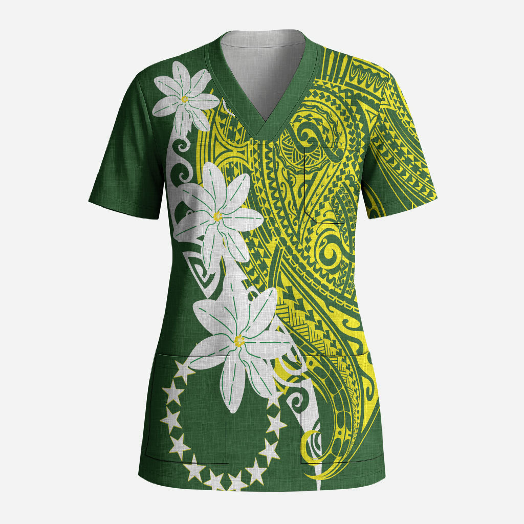 Cook Islands Maori Language Week Scrub Top Tiare Maori Kuki Airani Green Pattern LT22 Adult Green - Polynesian Pride