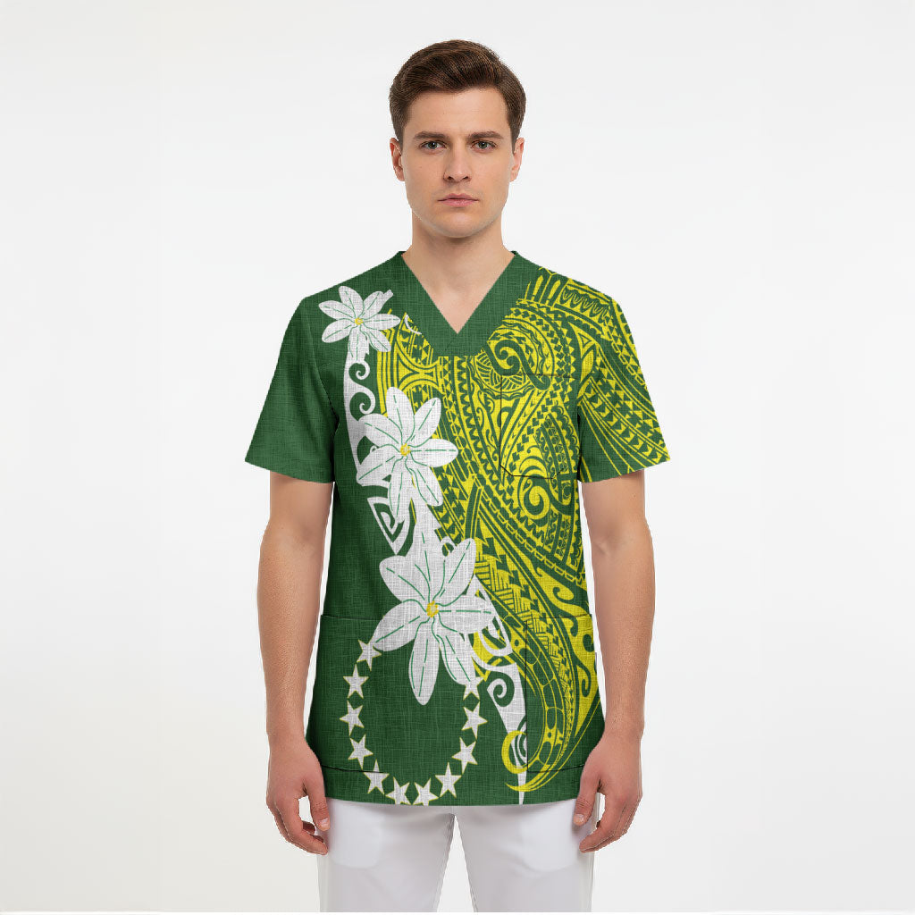 Cook Islands Maori Language Week Scrub Top Tiare Maori Kuki Airani Green Pattern LT22 - Polynesian Pride