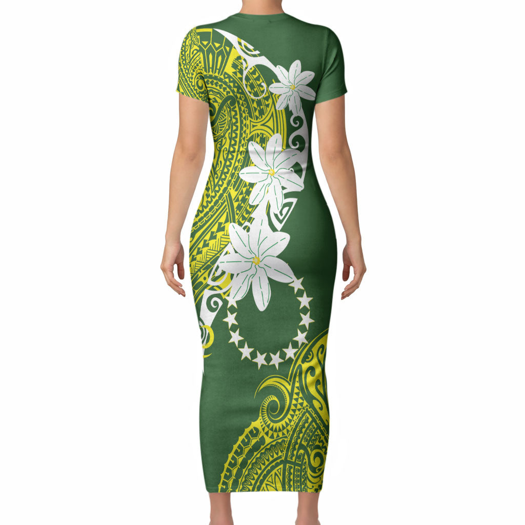 Cook Islands Maori Language Week Short Sleeve Bodycon Dress Tiare Maori Kuki Airani Green Pattern LT22 - Polynesian Pride