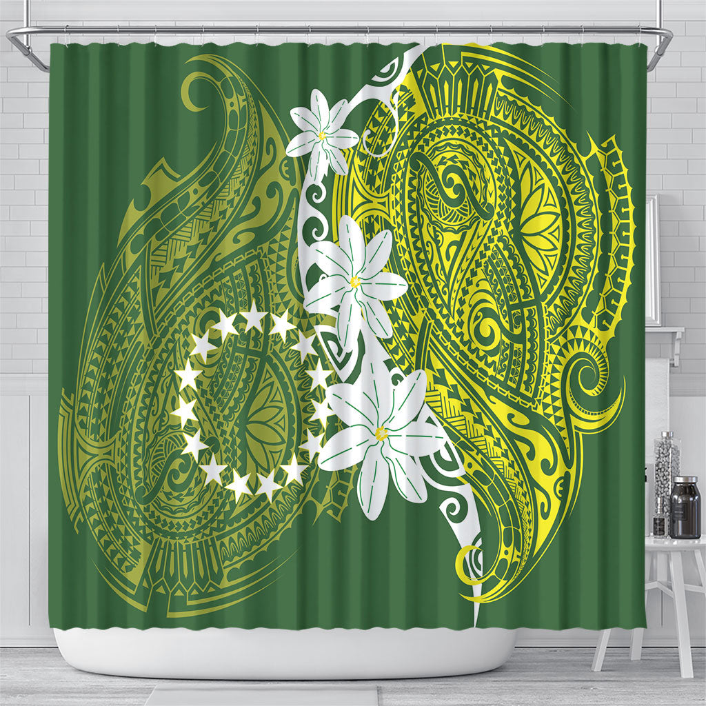 Cook Islands Maori Language Week Shower Curtain Tiare Maori Kuki Airani Green Pattern LT22 - Polynesian Pride