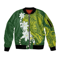 Cook Islands Maori Language Week Sleeve Zip Bomber Jacket Tiare Maori Kuki Airani Green Pattern LT22 Unisex Green - Polynesian Pride