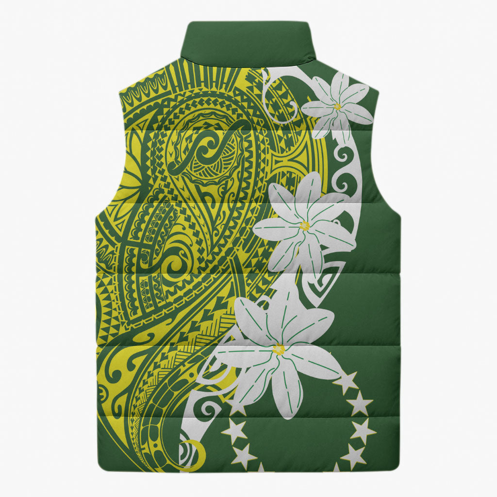 Cook Islands Maori Language Week Sleeveless Puffer Jacket Tiare Maori Kuki Airani Green Pattern LT22 - Polynesian Pride