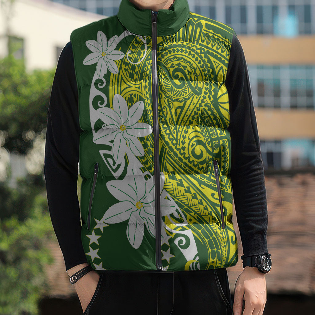 Cook Islands Maori Language Week Sleeveless Puffer Jacket Tiare Maori Kuki Airani Green Pattern LT22 - Polynesian Pride