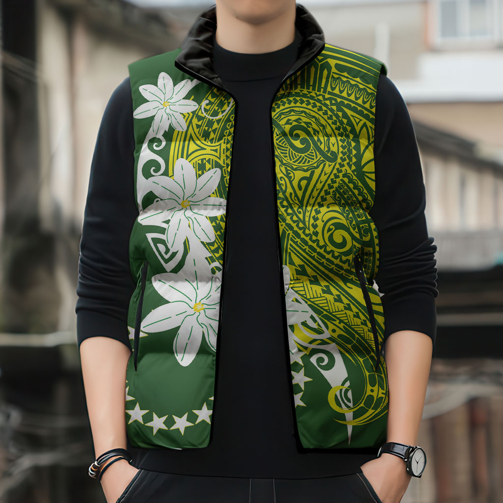 Cook Islands Maori Language Week Sleeveless Puffer Jacket Tiare Maori Kuki Airani Green Pattern LT22 - Polynesian Pride