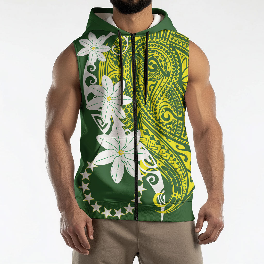 Cook Islands Maori Language Week Sleeveless Zip Hoodie Tiare Maori Kuki Airani Green Pattern