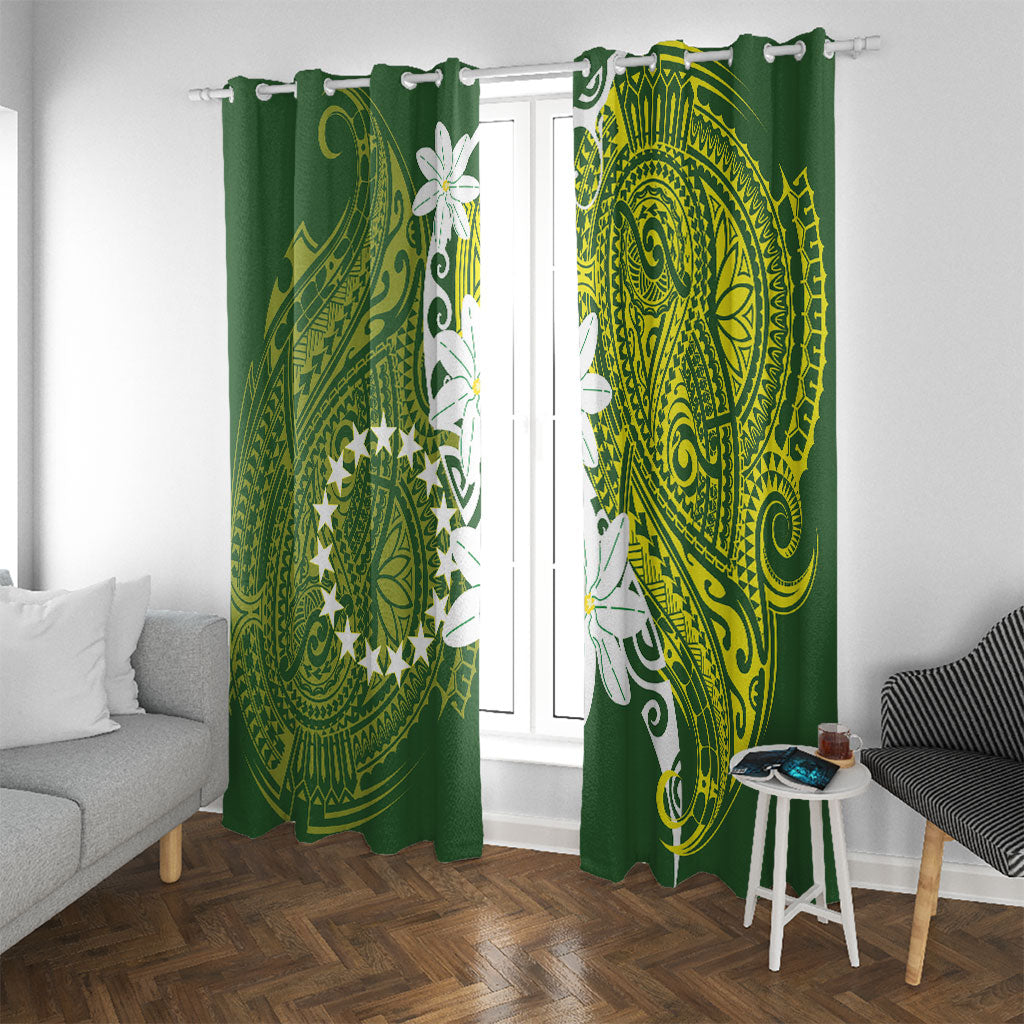 Cook Islands Maori Language Week Window Curtain Tiare Maori Kuki Airani Green Pattern LT22 With Grommets Green - Polynesian Pride