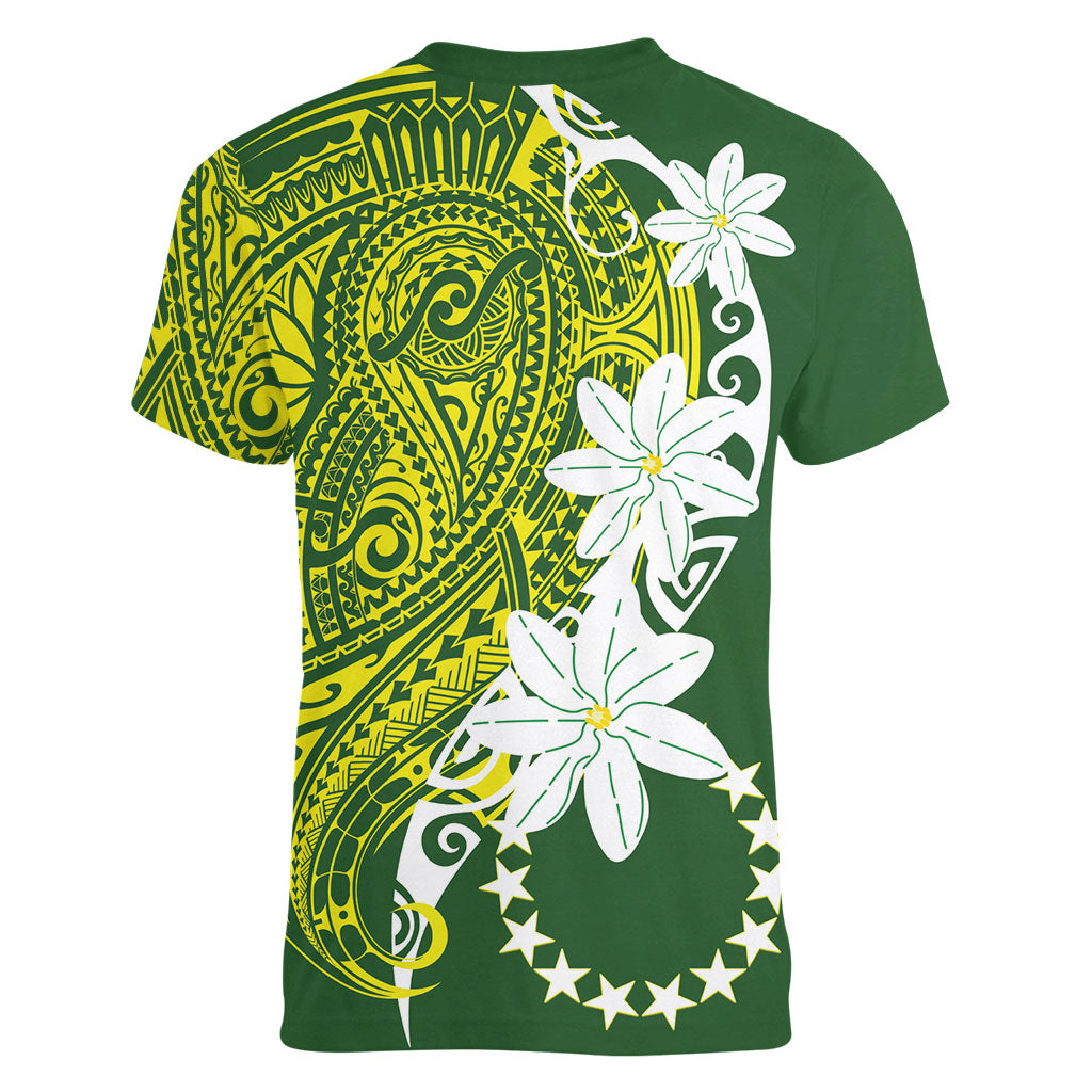 Cook Islands Maori Language Week Women V-Neck T-Shirt Tiare Maori Kuki Airani Green Pattern LT22 - Polynesian Pride