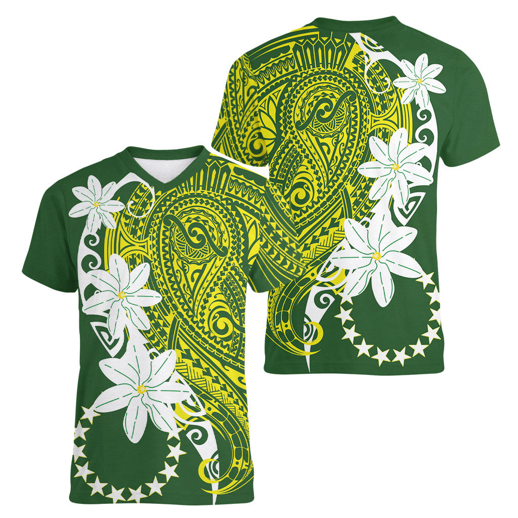 Cook Islands Maori Language Week Women V-Neck T-Shirt Tiare Maori Kuki Airani Green Pattern LT22 - Polynesian Pride