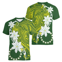 Cook Islands Maori Language Week Women V-Neck T-Shirt Tiare Maori Kuki Airani Green Pattern LT22 - Polynesian Pride