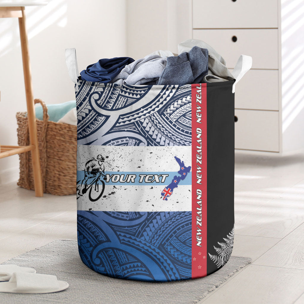 Personalised Cycling New Zealand Laundry Basket Aotearoa Map Fern Maori Pattern LT22 Blue - Polynesian Pride