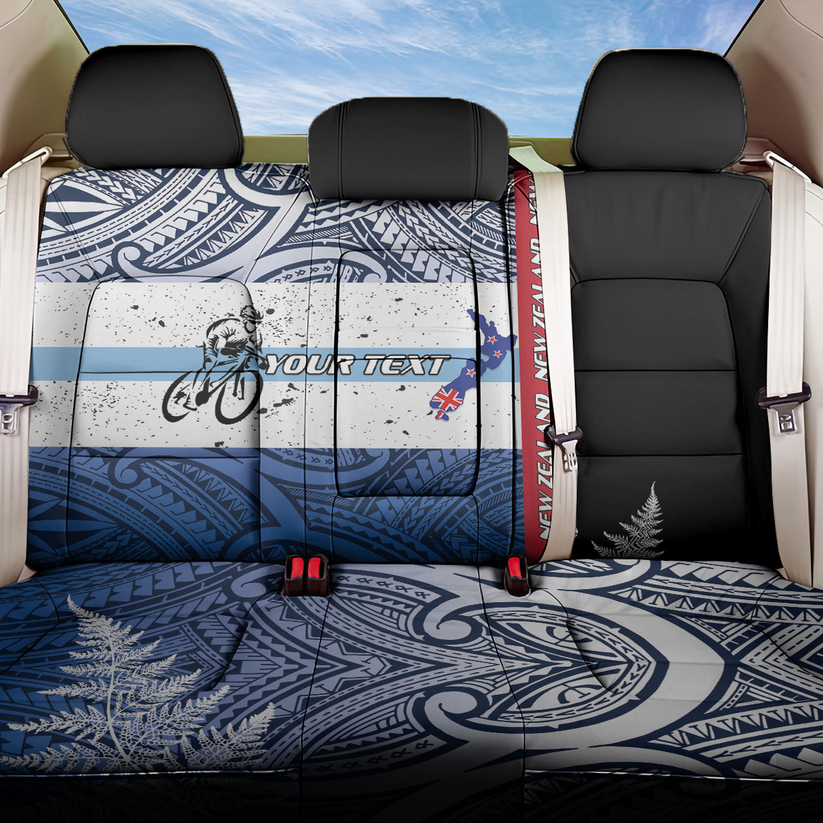 Personalised Cycling New Zealand Back Car Seat Cover Aotearoa Map Fern Maori Pattern LT22 One Size Blue - Polynesian Pride