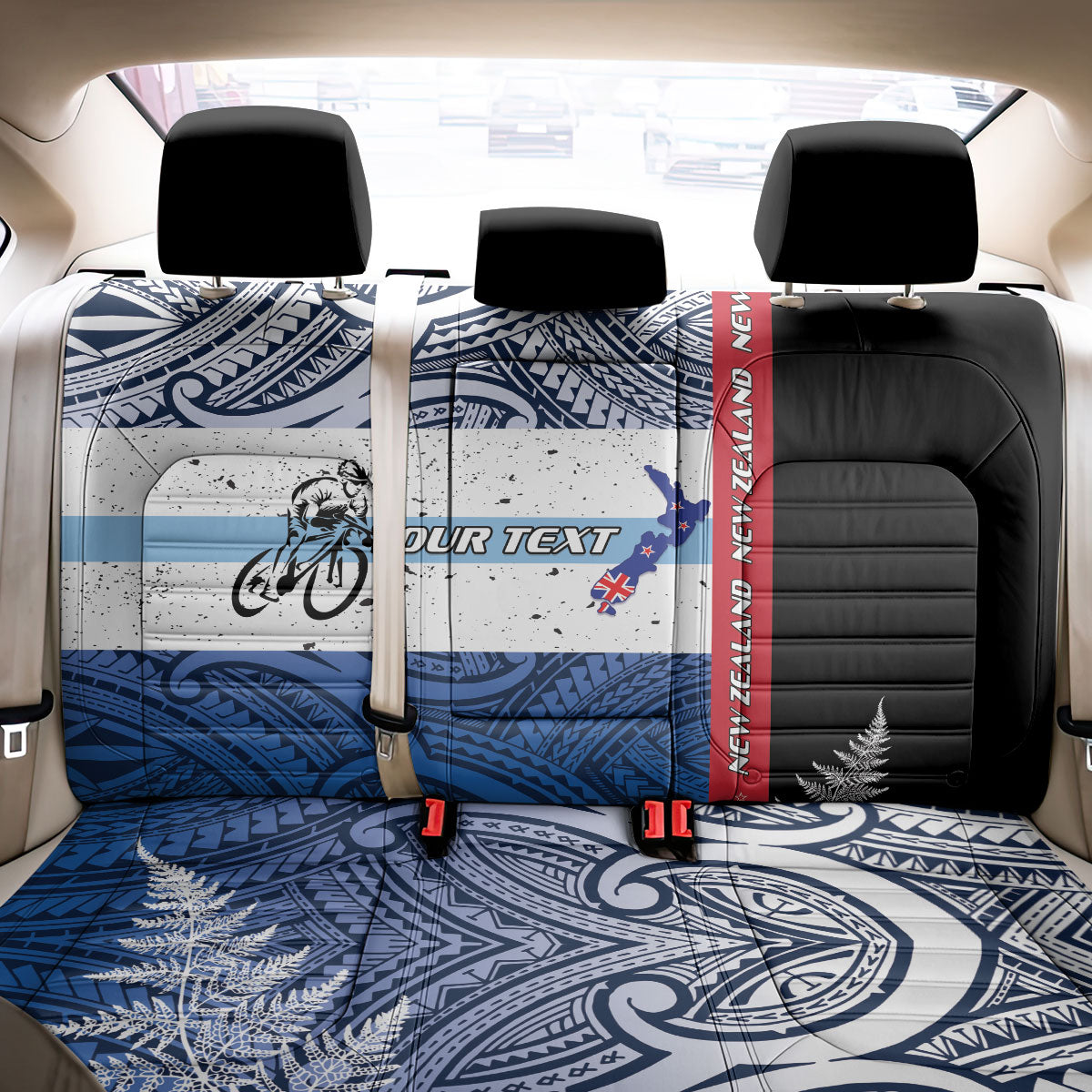Personalised Cycling New Zealand Back Car Seat Cover Aotearoa Map Fern Maori Pattern LT22 - Polynesian Pride