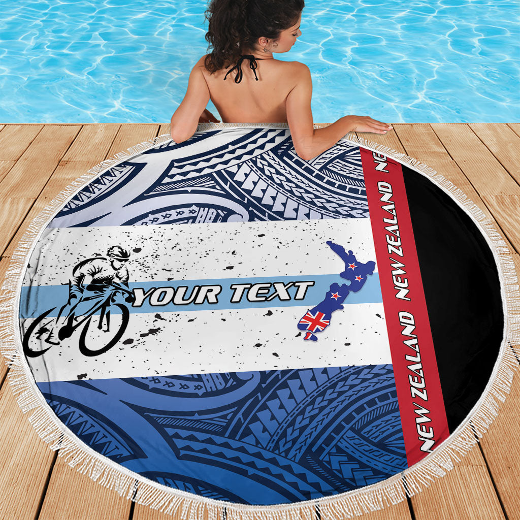 Personalised Cycling New Zealand Beach Blanket Aotearoa Map Fern Maori Pattern