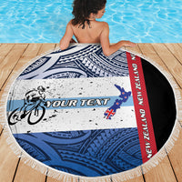 Personalised Cycling New Zealand Beach Blanket Aotearoa Map Fern Maori Pattern