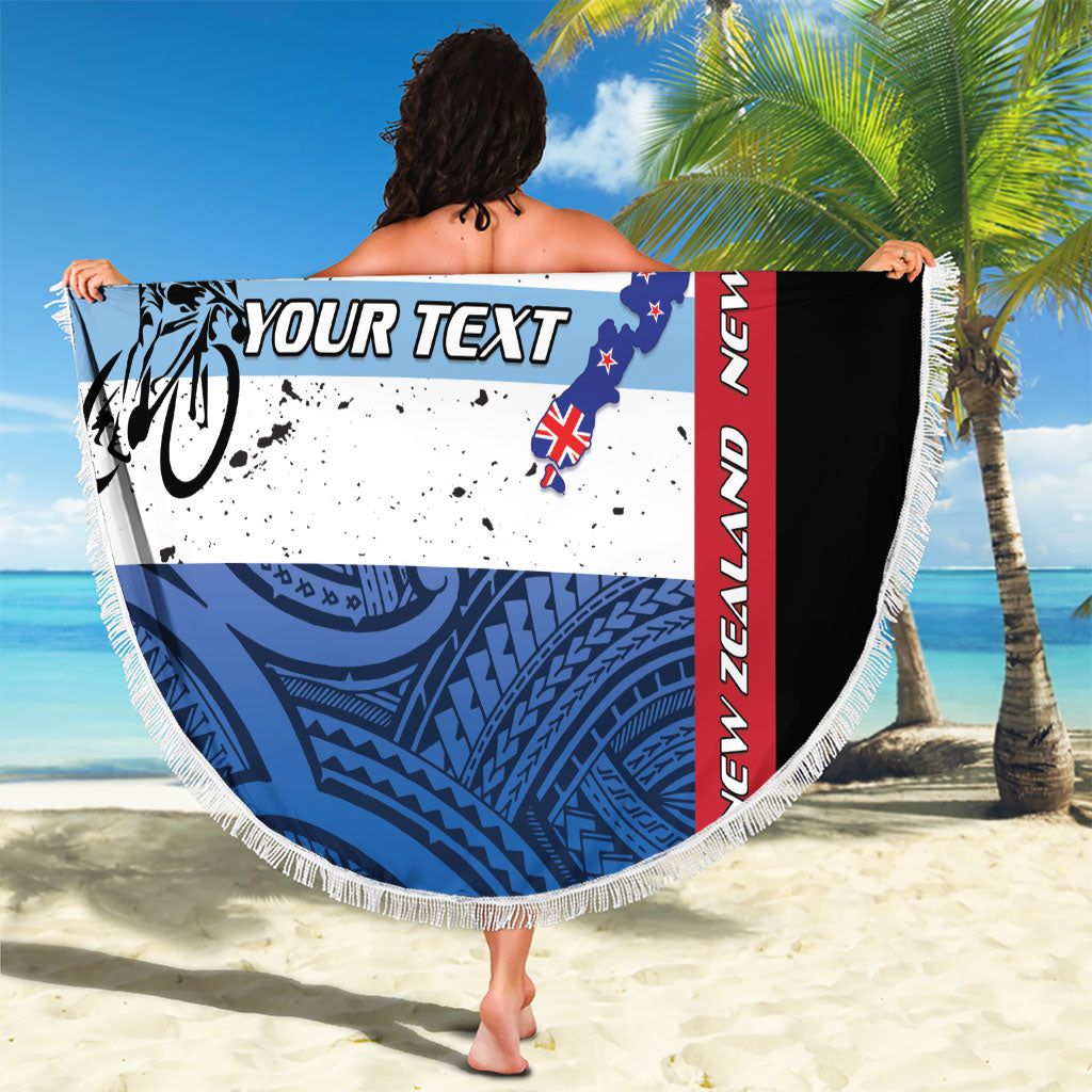 Personalised Cycling New Zealand Beach Blanket Aotearoa Map Fern Maori Pattern