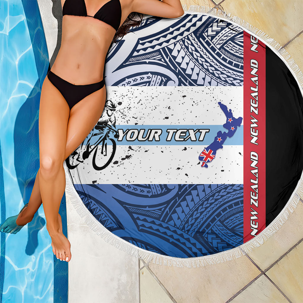 Personalised Cycling New Zealand Beach Blanket Aotearoa Map Fern Maori Pattern