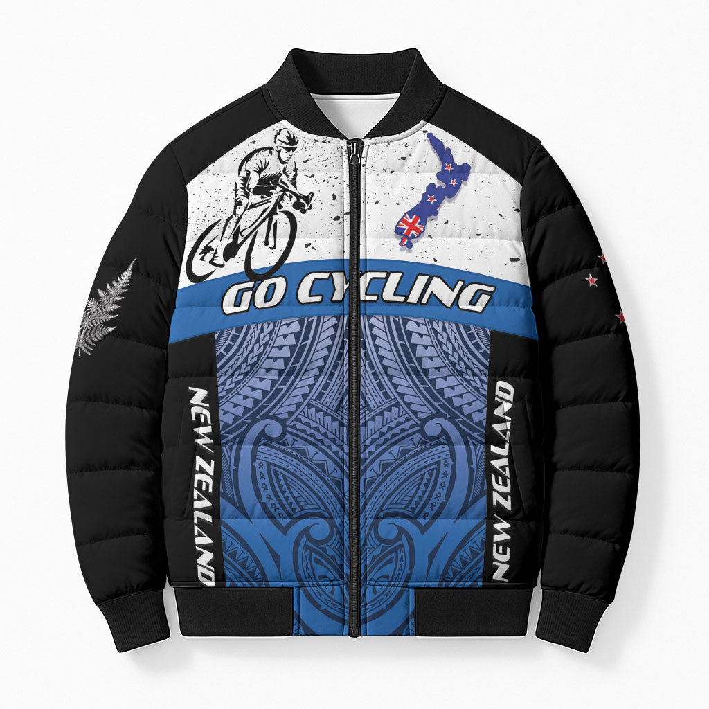 Personalised Cycling New Zealand Bomber Puffer Jacket Aotearoa Map Fern Maori Pattern LT22 Unisex Blue - Polynesian Pride
