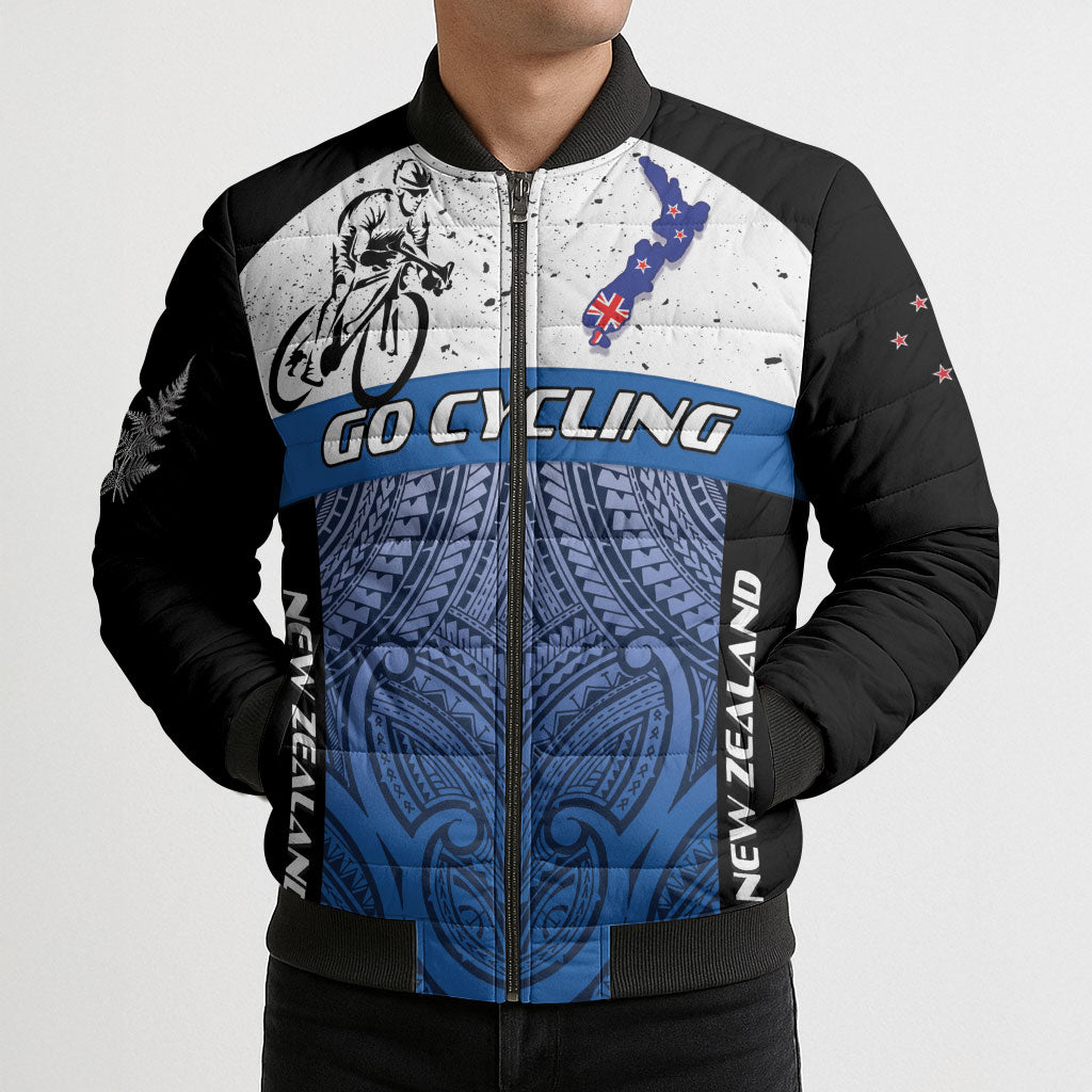 Personalised Cycling New Zealand Bomber Puffer Jacket Aotearoa Map Fern Maori Pattern LT22 - Polynesian Pride