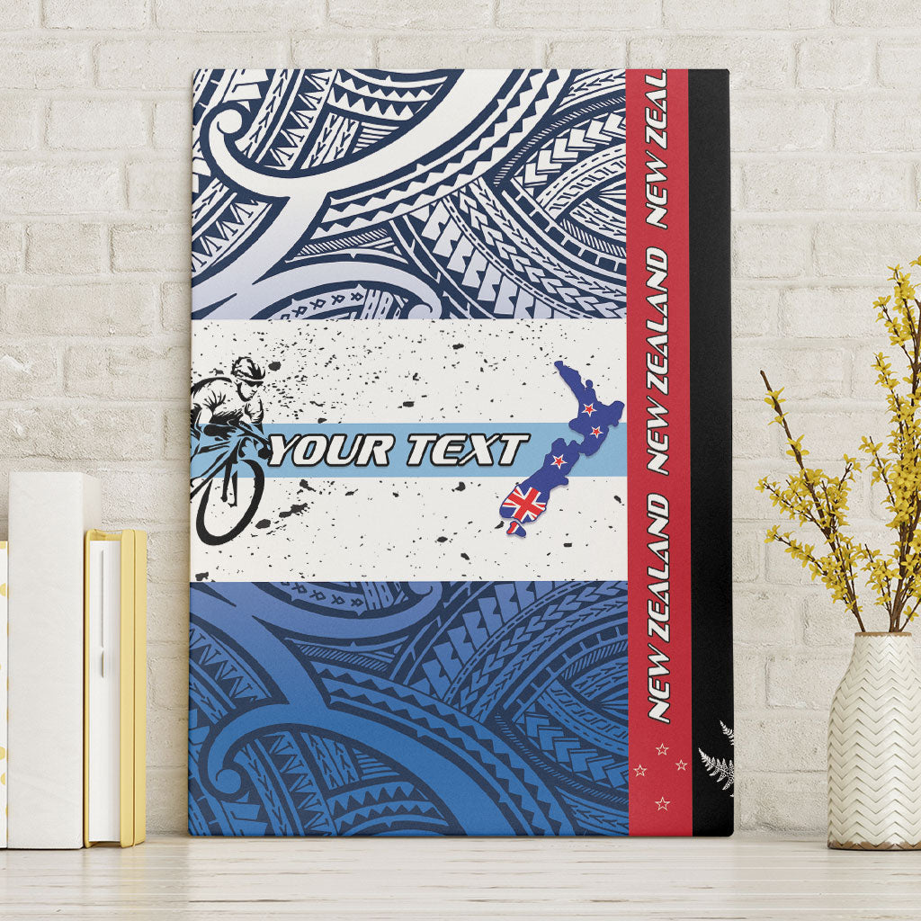 Personalised Cycling New Zealand Canvas Wall Art Aotearoa Map Fern Maori Pattern LT22 Without Frame Blue - Polynesian Pride