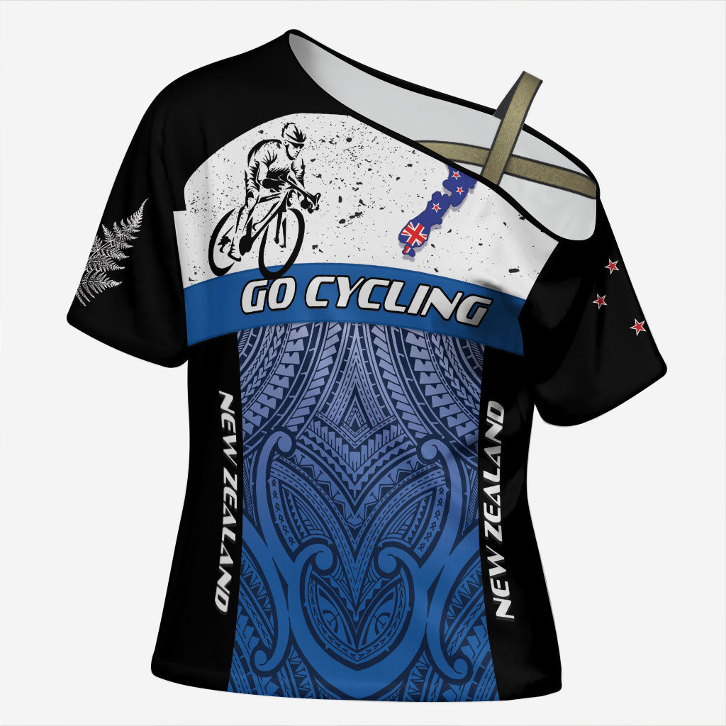 Personalised Cycling New Zealand Cross Shoulder Shirt Aotearoa Map Fern Maori Pattern LT22 Female Blue - Polynesian Pride