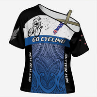 Personalised Cycling New Zealand Cross Shoulder Shirt Aotearoa Map Fern Maori Pattern LT22 Female Blue - Polynesian Pride
