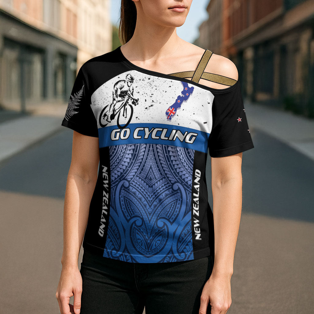 Personalised Cycling New Zealand Cross Shoulder Shirt Aotearoa Map Fern Maori Pattern LT22 - Polynesian Pride