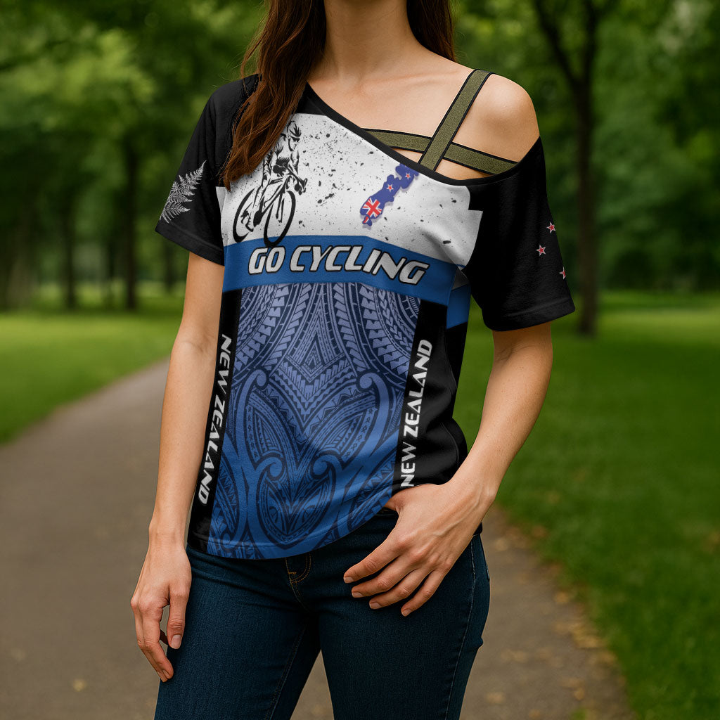 Personalised Cycling New Zealand Cross Shoulder Shirt Aotearoa Map Fern Maori Pattern LT22 - Polynesian Pride