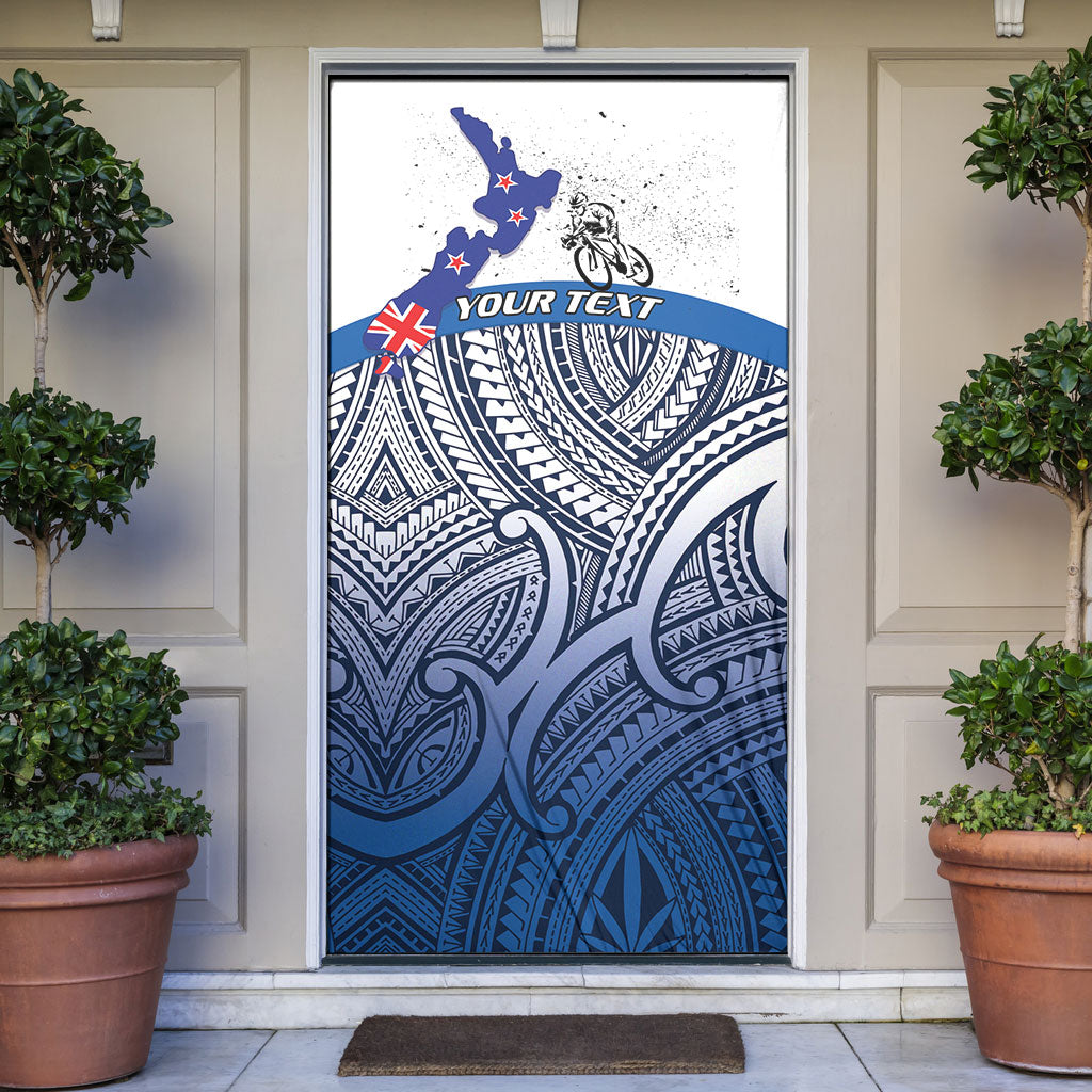 Personalised Cycling New Zealand Door Cover Aotearoa Map Fern Maori Pattern LT22 Blue - Polynesian Pride