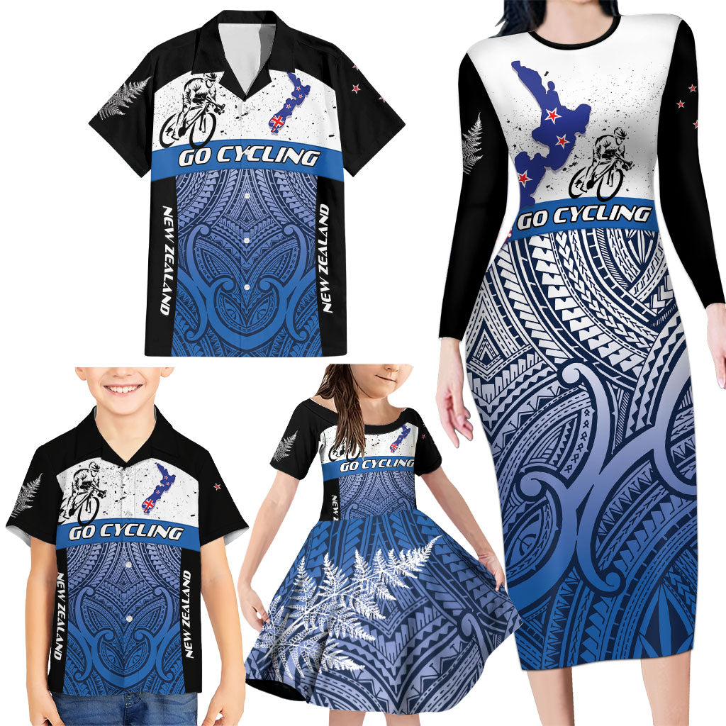 Personalised Cycling New Zealand Family Matching Long Sleeve Bodycon Dress and Hawaiian Shirt Aotearoa Map Fern Maori Pattern LT22 - Polynesian Pride