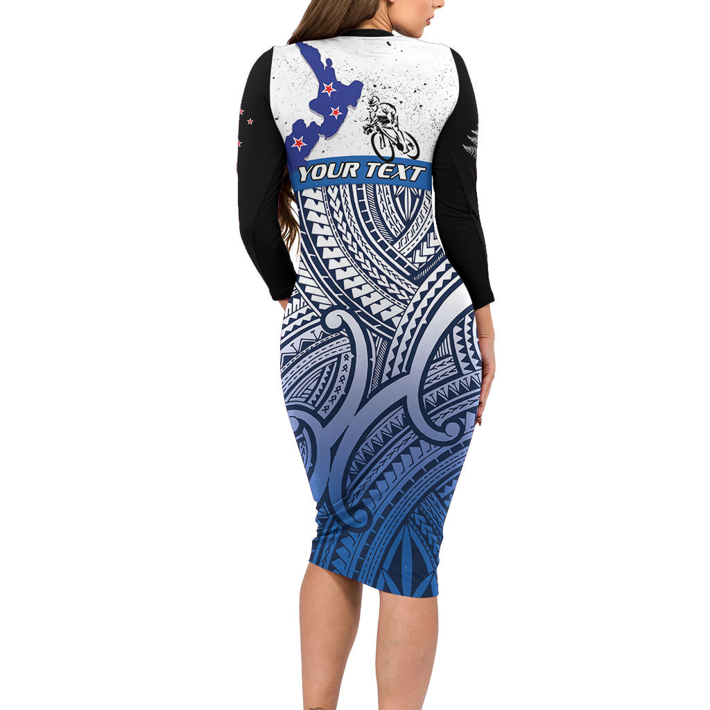 Personalised Cycling New Zealand Family Matching Long Sleeve Bodycon Dress and Hawaiian Shirt Aotearoa Map Fern Maori Pattern