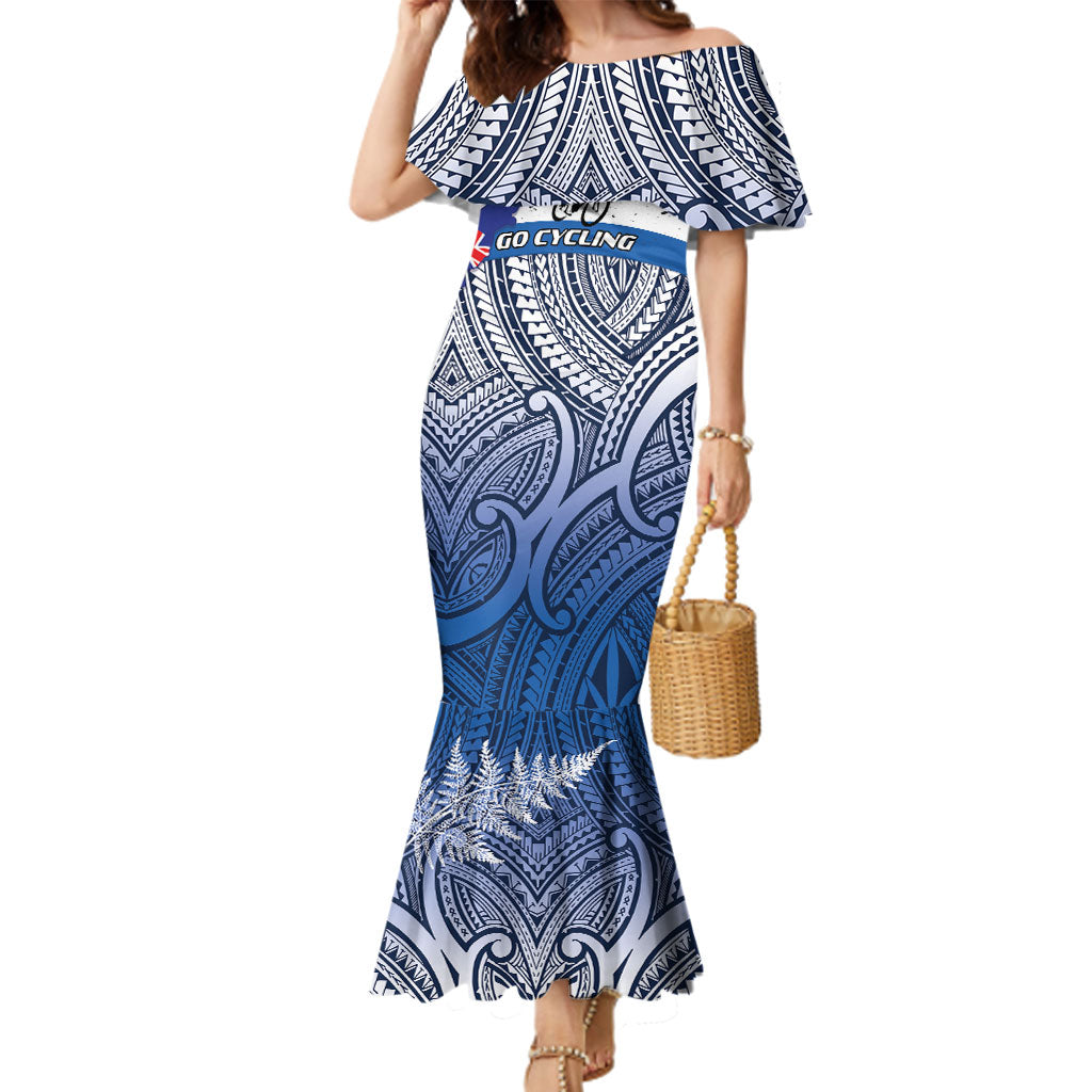 Personalised Cycling New Zealand Family Matching Mermaid Dress and Hawaiian Shirt Aotearoa Map Fern Maori Pattern