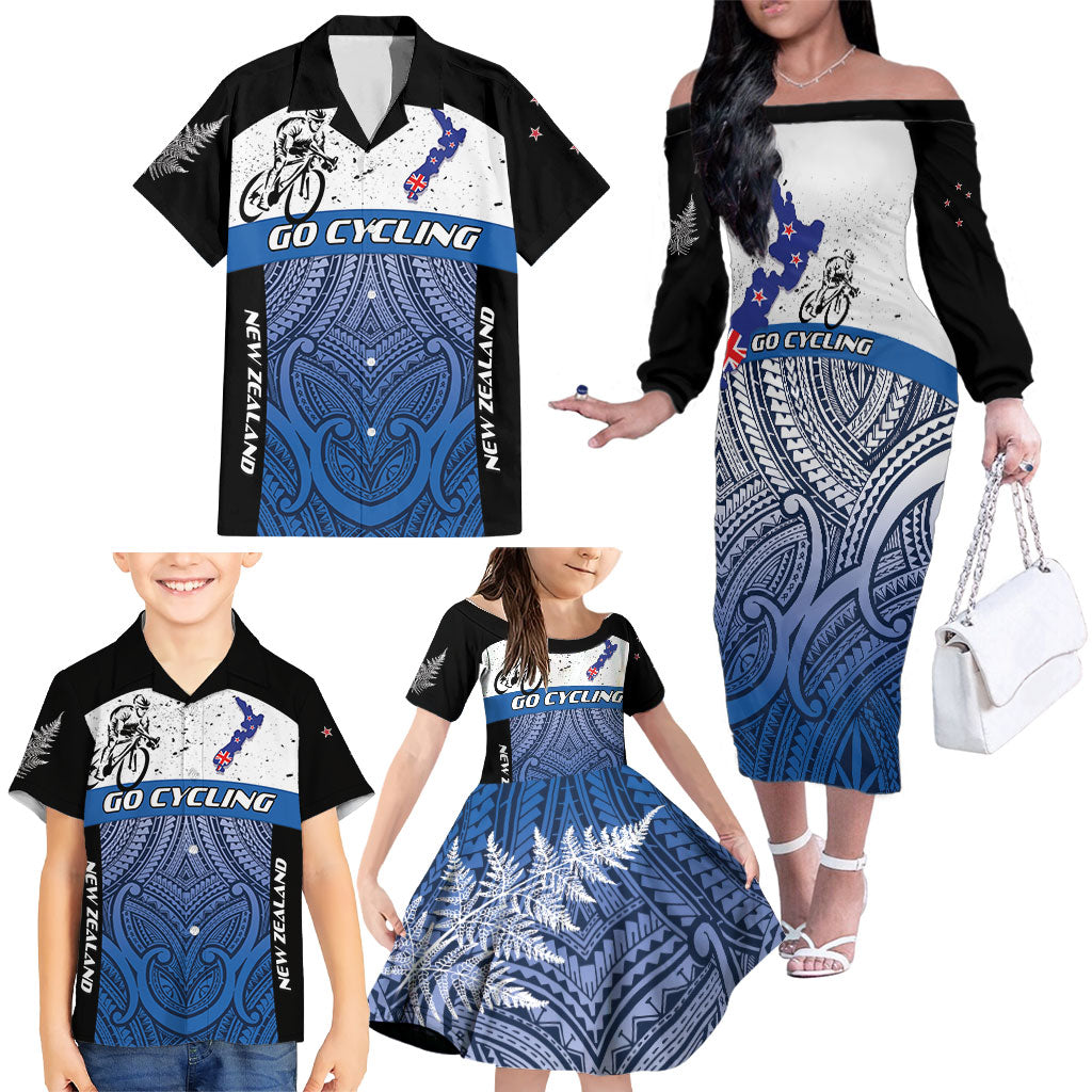 Personalised Cycling New Zealand Family Matching Off The Shoulder Long Sleeve Dress and Hawaiian Shirt Aotearoa Map Fern Maori Pattern LT22 - Polynesian Pride