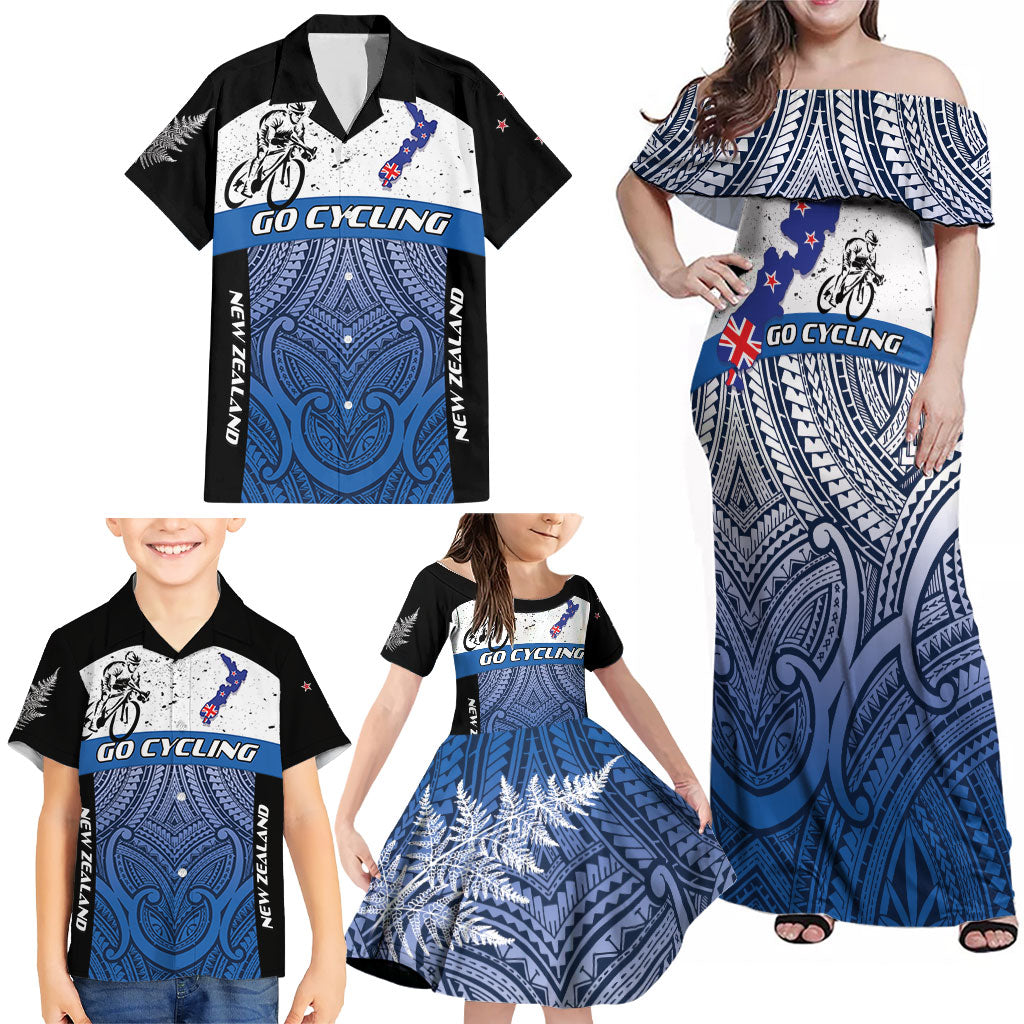 Personalised Cycling New Zealand Family Matching Off Shoulder Maxi Dress and Hawaiian Shirt Aotearoa Map Fern Maori Pattern LT22 - Polynesian Pride